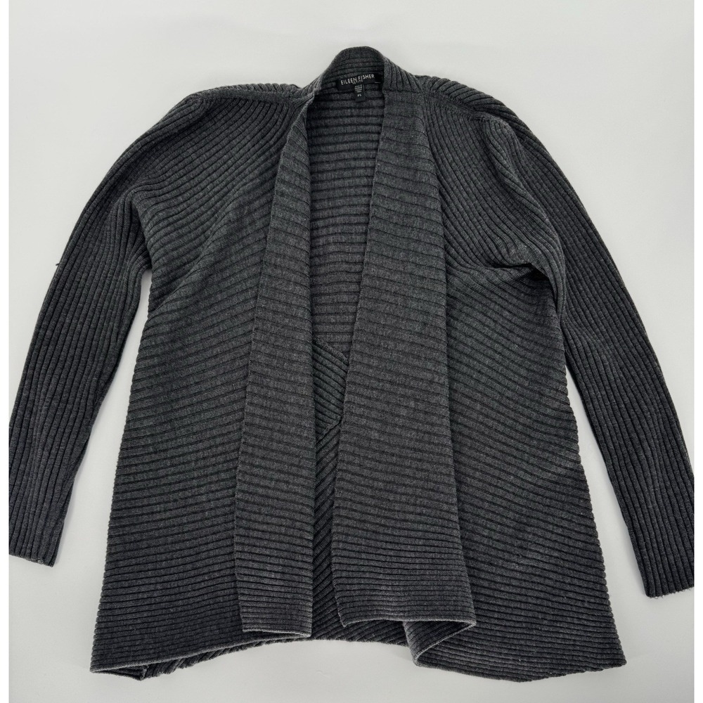 Eileen Fisher Merino Wool Ribbed Cardigan Petite Small Draped Open Front‎ Gray